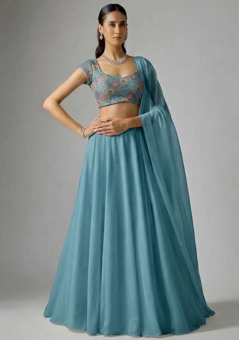 Teal Green Embroidered Organza Lehenga Set - Indya