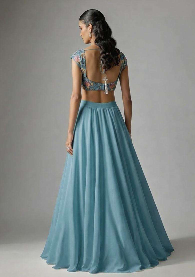 Teal Green Embroidered Organza Lehenga Set - Indya
