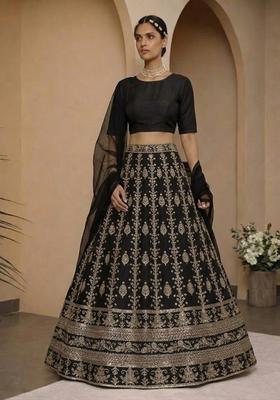 Black Embroidered Silk Lehenga Set