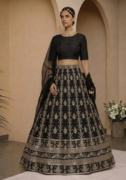 Black Embroidered Silk Lehenga Set