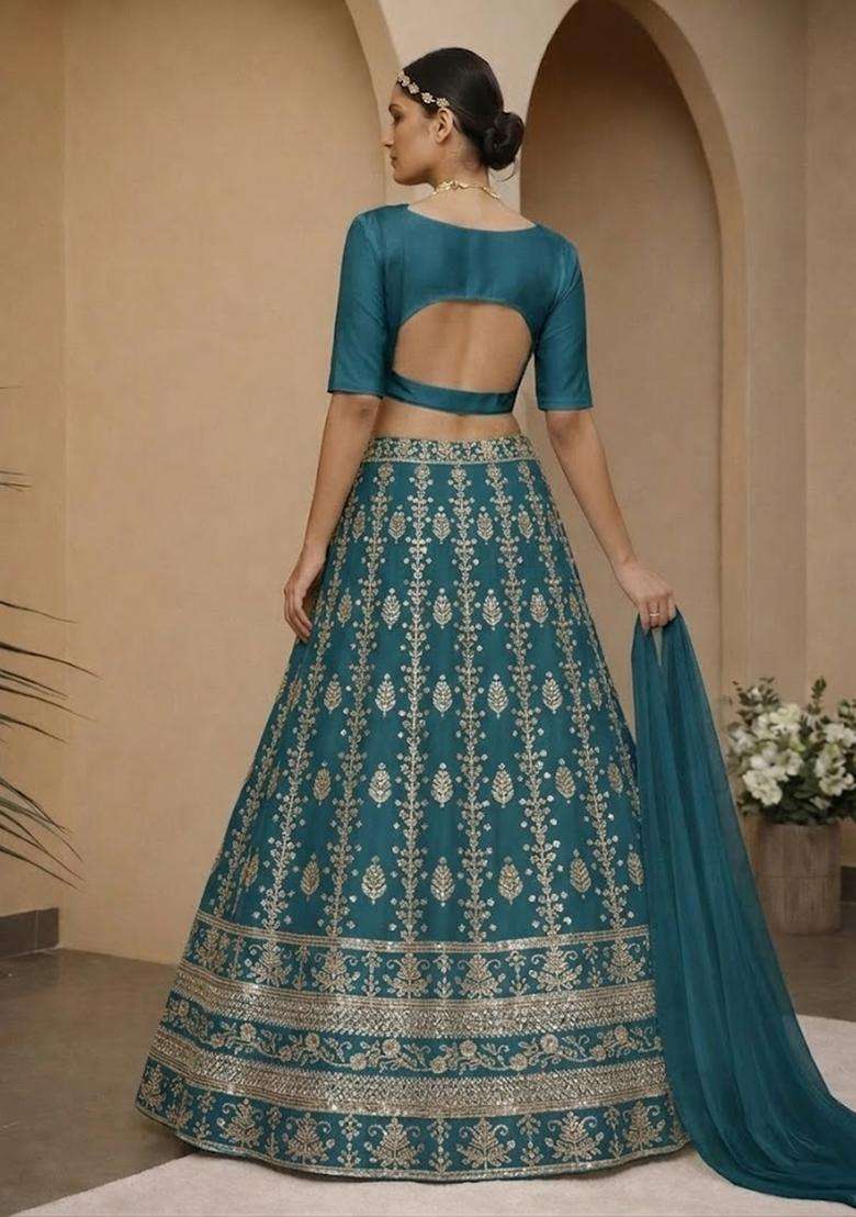 Teal Embroidered Silk Blend Lehenga Set - Indya