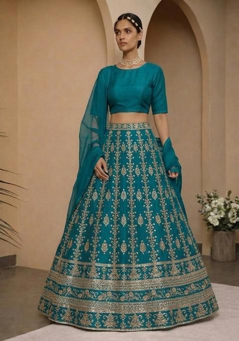 Teal Embroidered Silk Lehenga Set