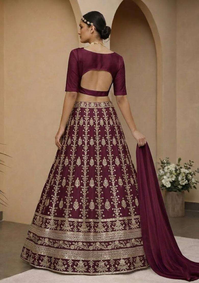 Wine Embroidered Silk Blend Lehenga Set - Indya