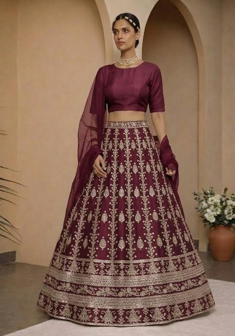 Wine Embroidered Silk Lehenga Set