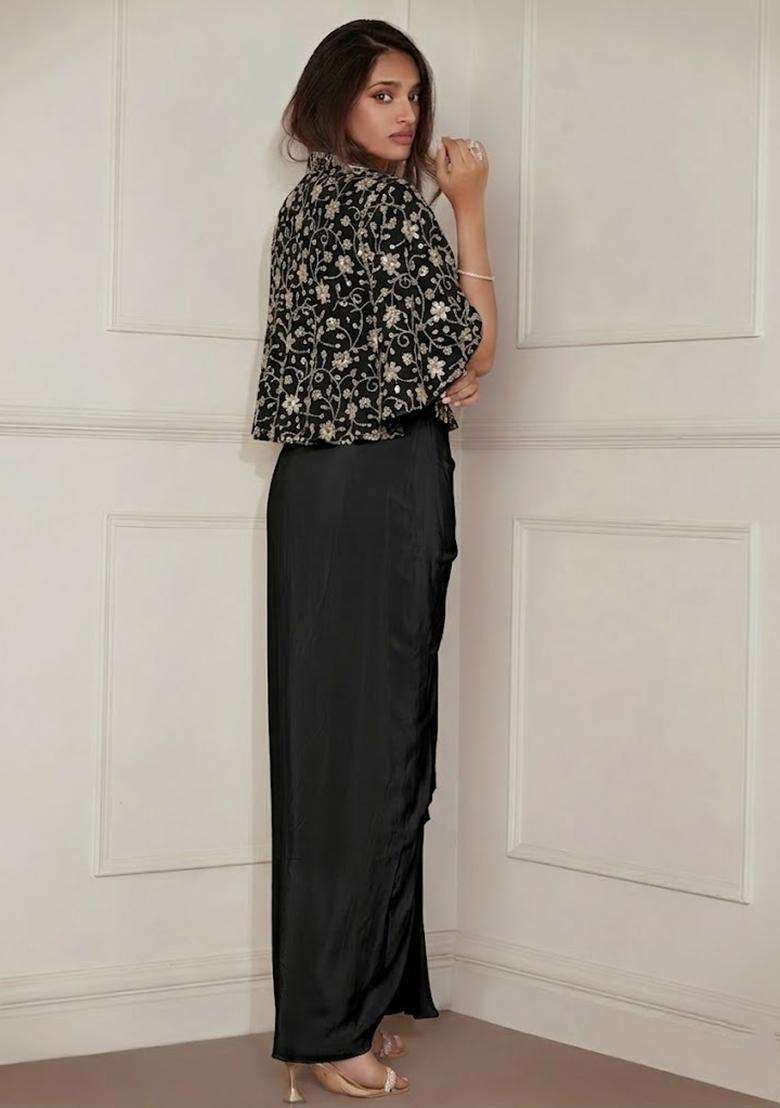 Black Sequin Crepe Pre Draped Saree Set - Indya