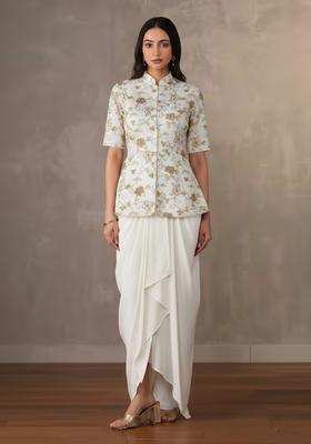 Off White Embroidered Crepe Fusion Set