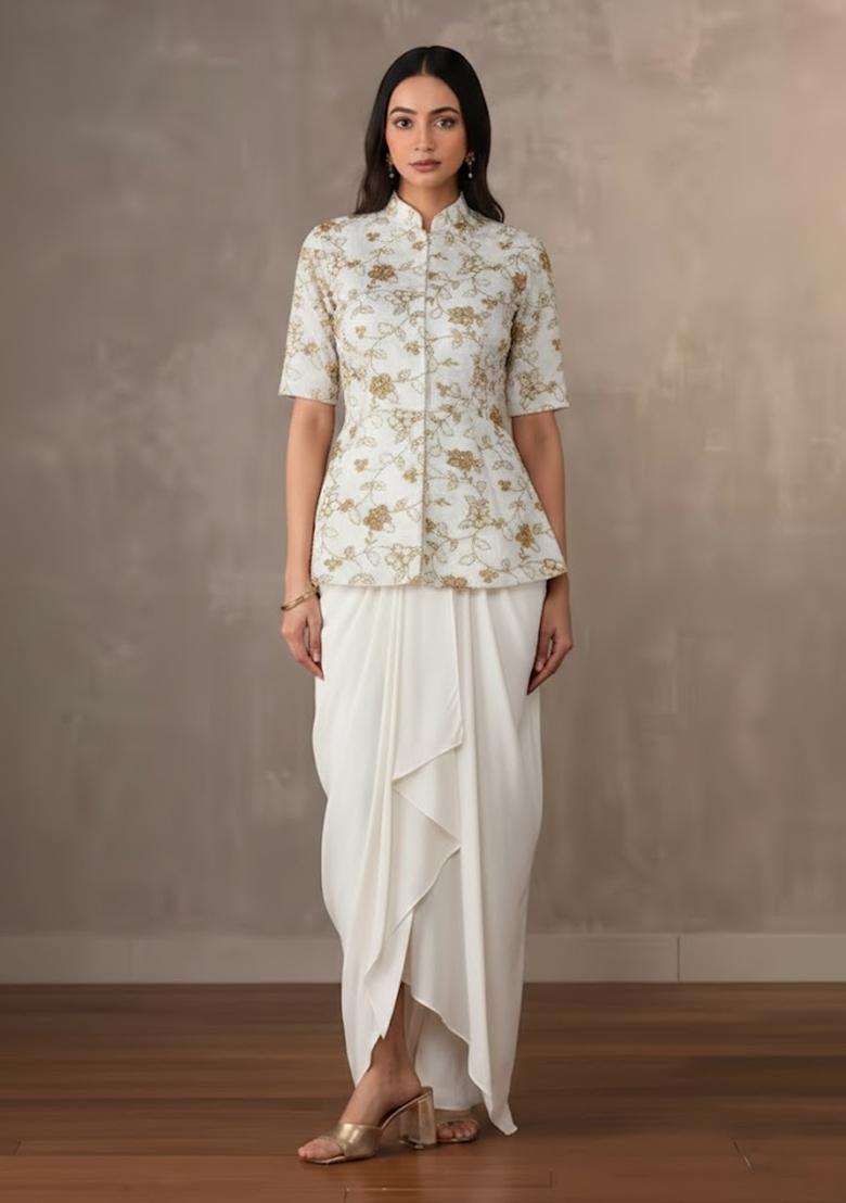 Off White Embroidered Crepe Fusion Set - Indya