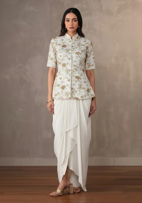 Off White Embroidered Crepe Fusion Set