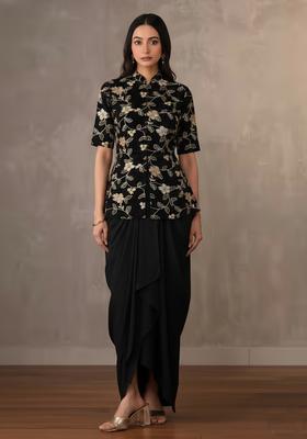 Black Embroidered Crepe Fusion Set