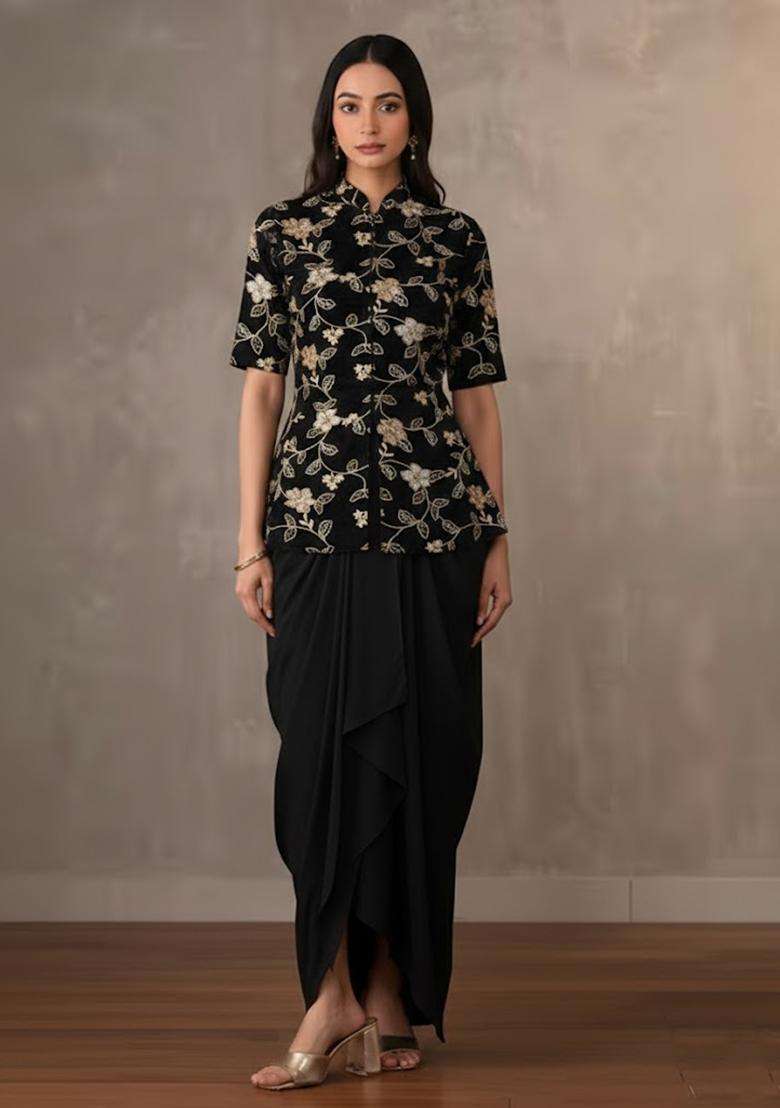 Black Embroidered Crepe Fusion Set - Indya