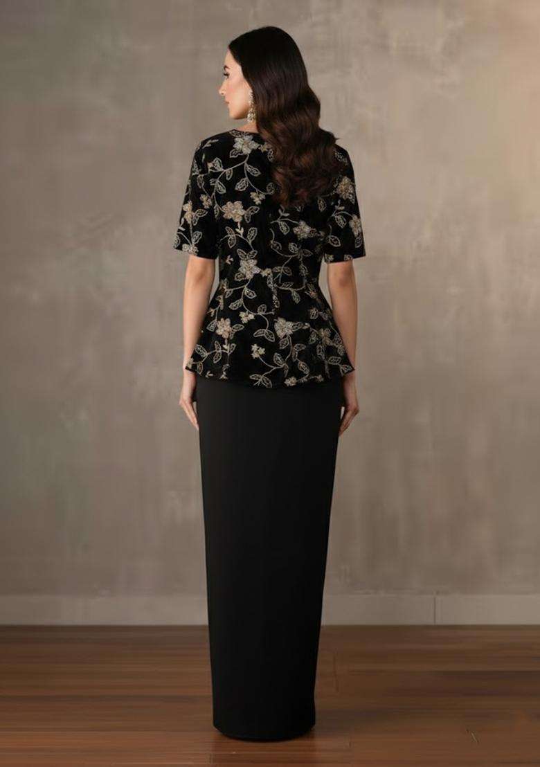 Black Embroidered Crepe Fusion Set - Indya