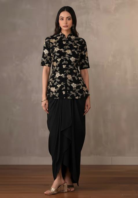 Black Embroidered Crepe Fusion Set
