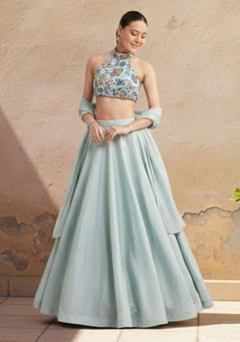 Light Blue Printed Crepe Lehenga Set - Indya