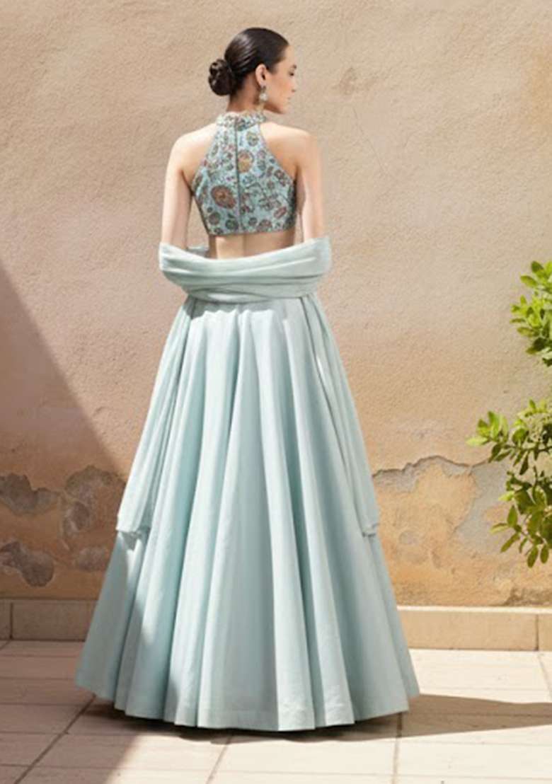 Light Blue Printed Crepe Lehenga Set - Indya