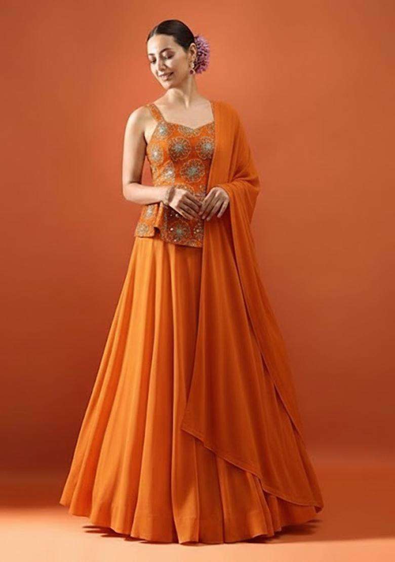 Orange Sequin Silk Lehenga Set - Indya