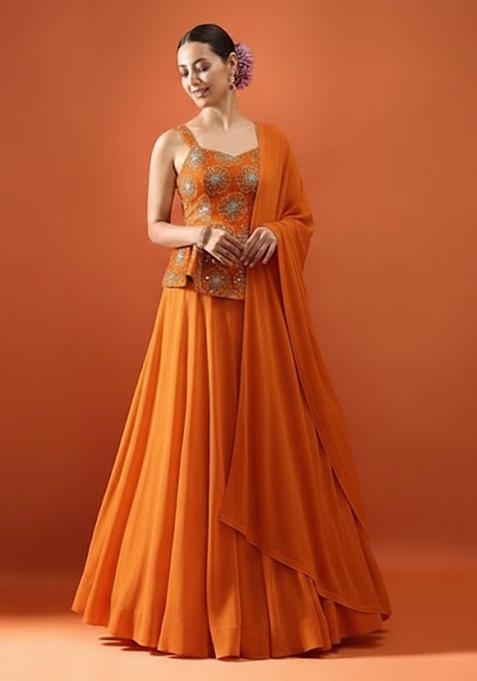 Orange Sequin Silk Lehenga Set
