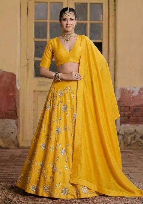 Yellow Embroidered Silk Lehenga Set