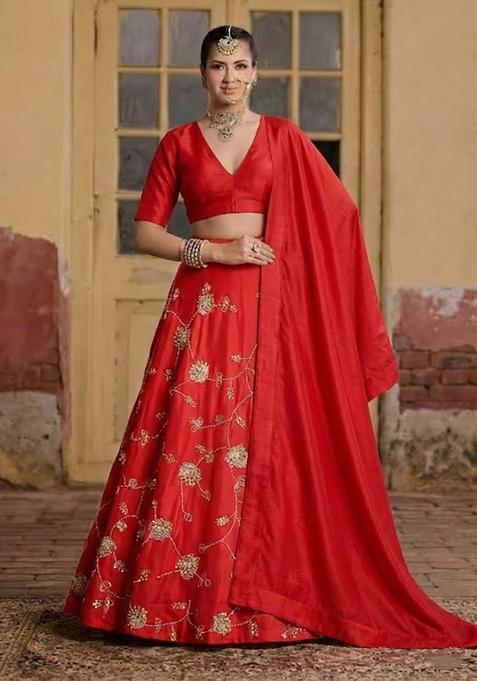 Red Embroidered Silk Lehenga Set