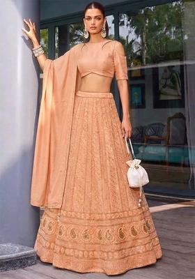 Peach Embroidered Crepe Lehenga Set