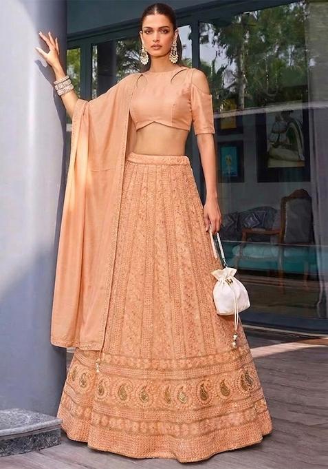 Peach Embroidered Crepe Lehenga Set