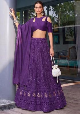 Purple Embroidered Crepe Lehenga Set