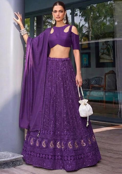 Purple Embroidered Crepe Lehenga Set