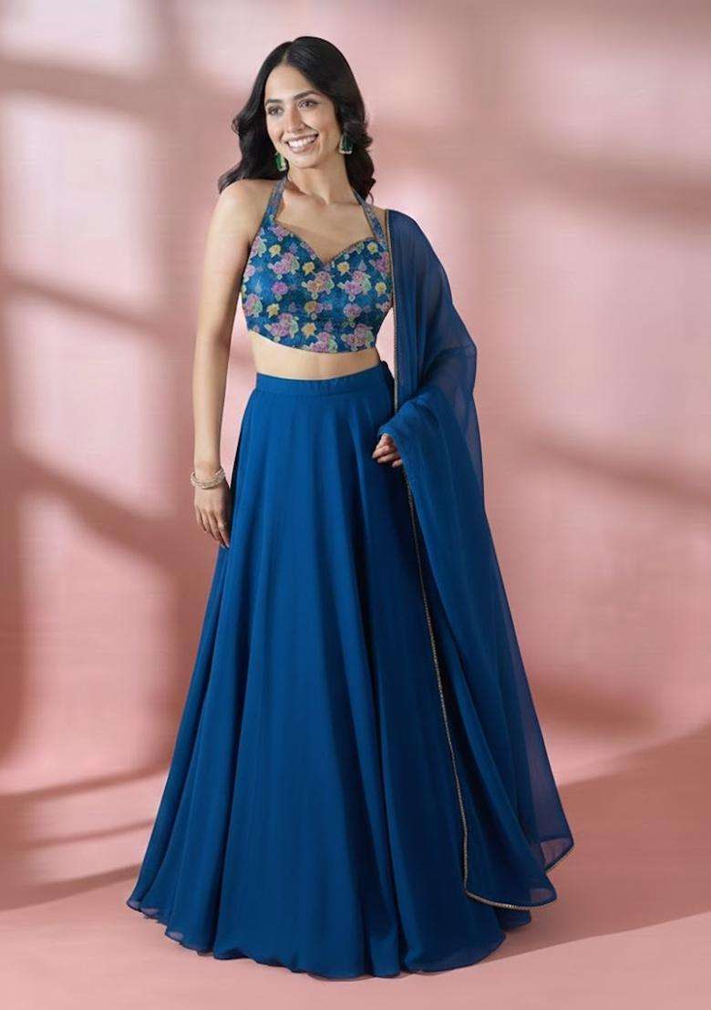 Royal Blue Embroidered Crepe Lehenga Set - Indya