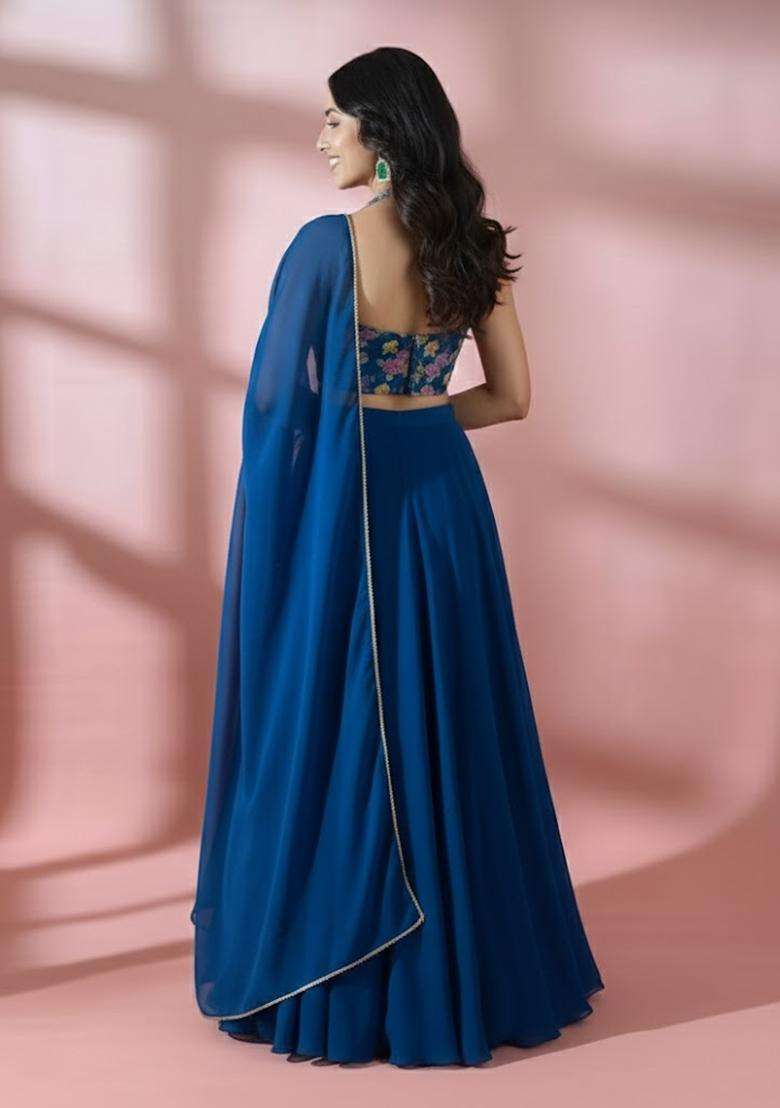 Royal Blue Embroidered Crepe Lehenga Set - Indya