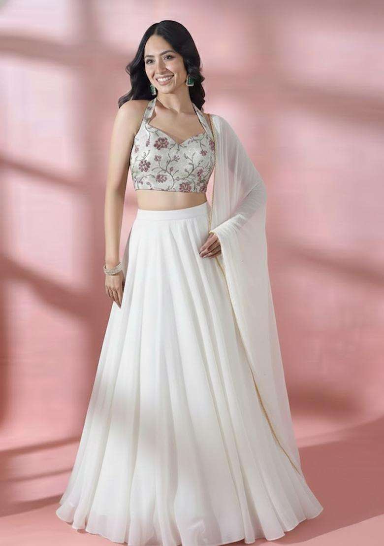 White Embroidered Chanderi Lehenga Set - Indya