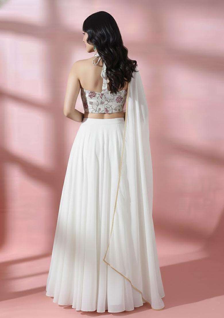 White Embroidered Chanderi Lehenga Set - Indya