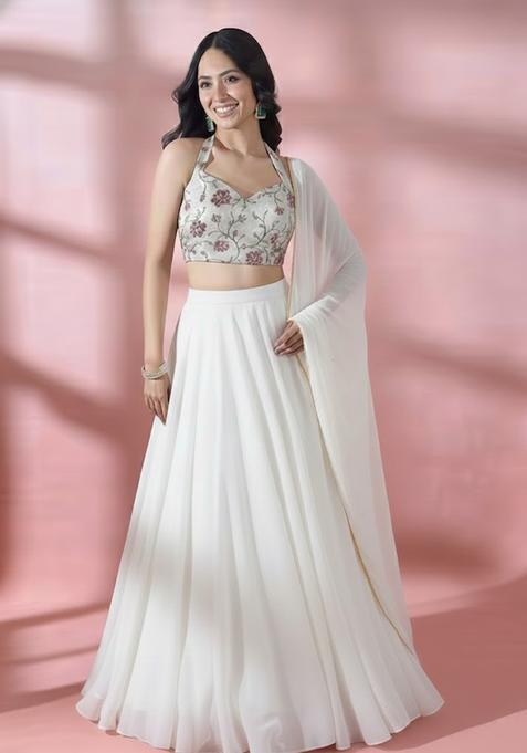 White Embroidered Chanderi Lehenga Set