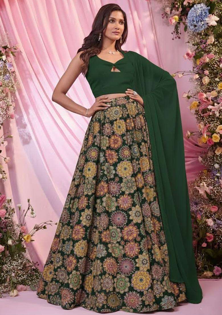 Green Embroidered Crepe Lehenga Set - Indya