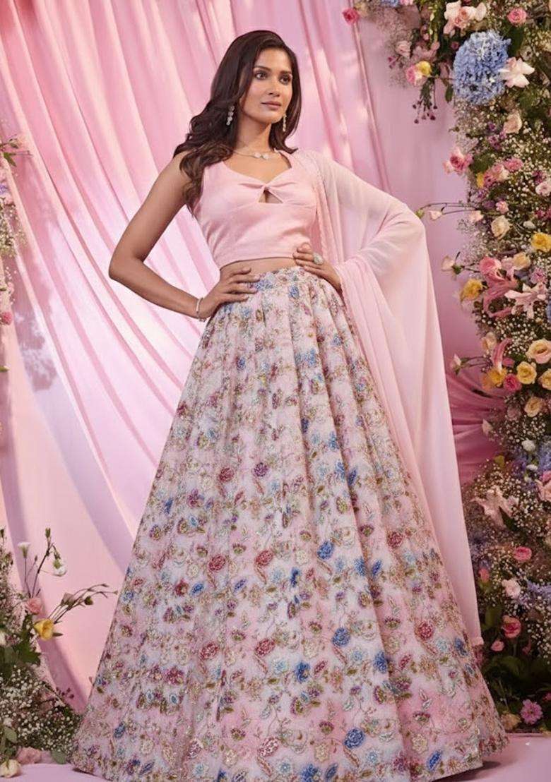 Light Pink Embroidered Crepe Lehenga Set - Indya