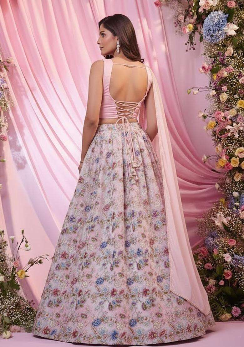 Light Pink Embroidered Crepe Lehenga Set - Indya
