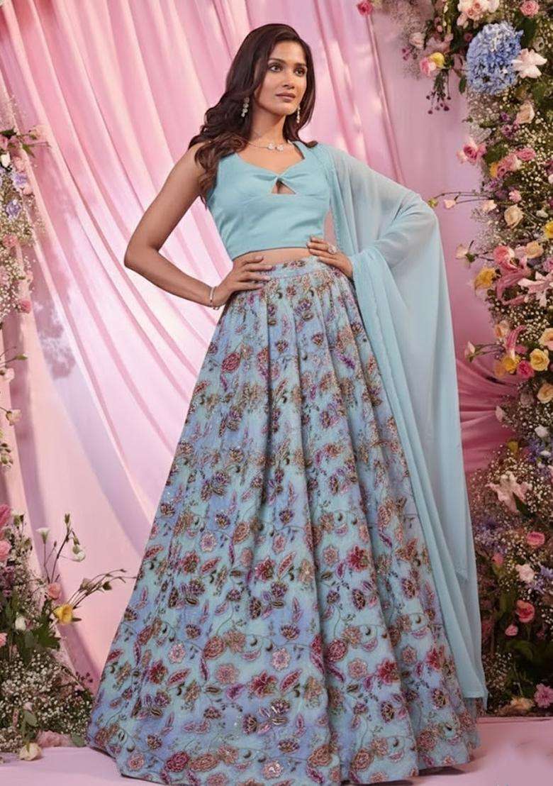 Light Blue Embroidered Crepe Lehenga Set - Indya