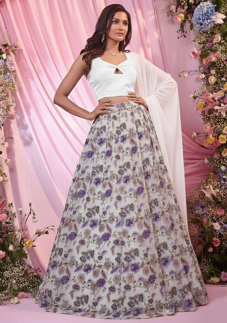 White Embroidered Crepe Lehenga Set - Indya