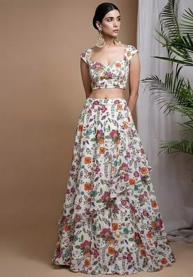 Off White Printed Crepe Lehenga Set