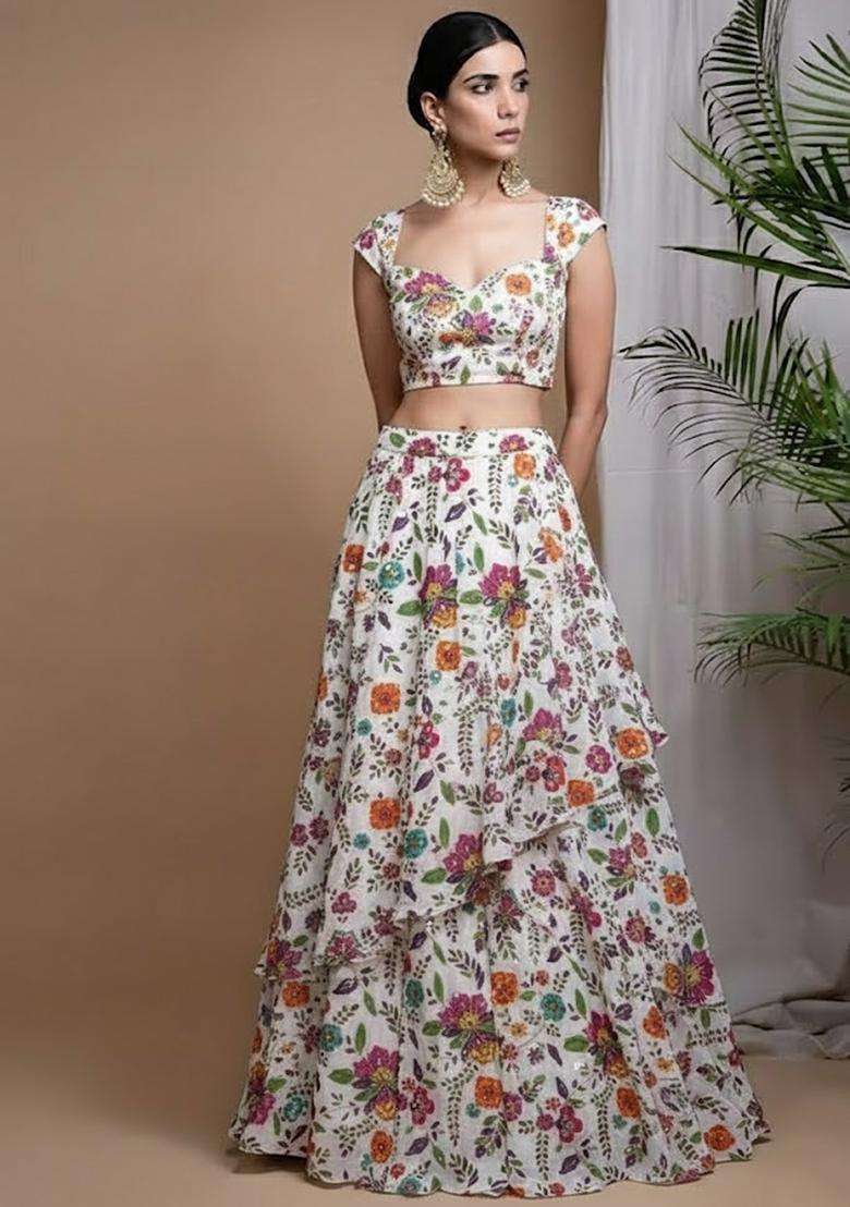 Off White Printed Crepe Lehenga Set - Indya