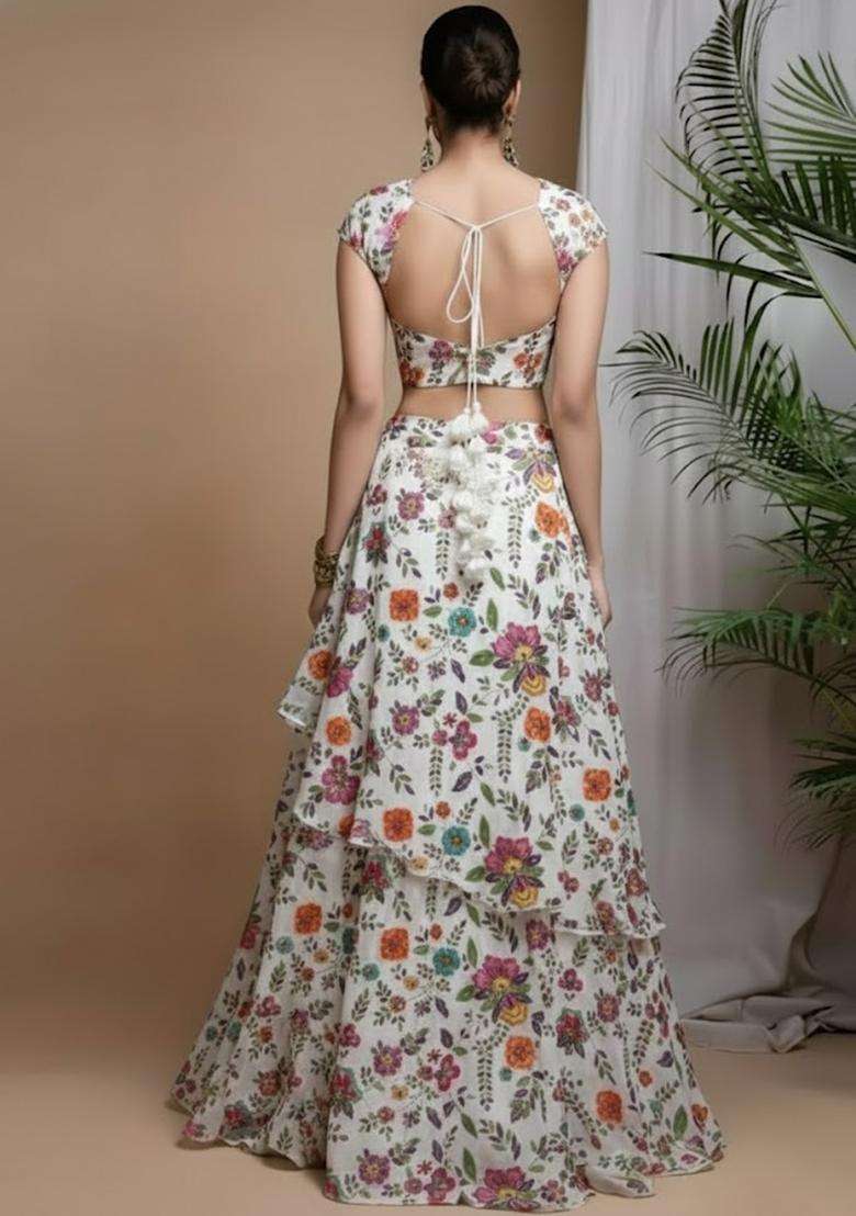 Off White Printed Crepe Lehenga Set - Indya