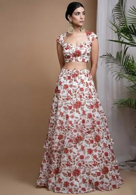 White Printed Crepe Lehenga Set