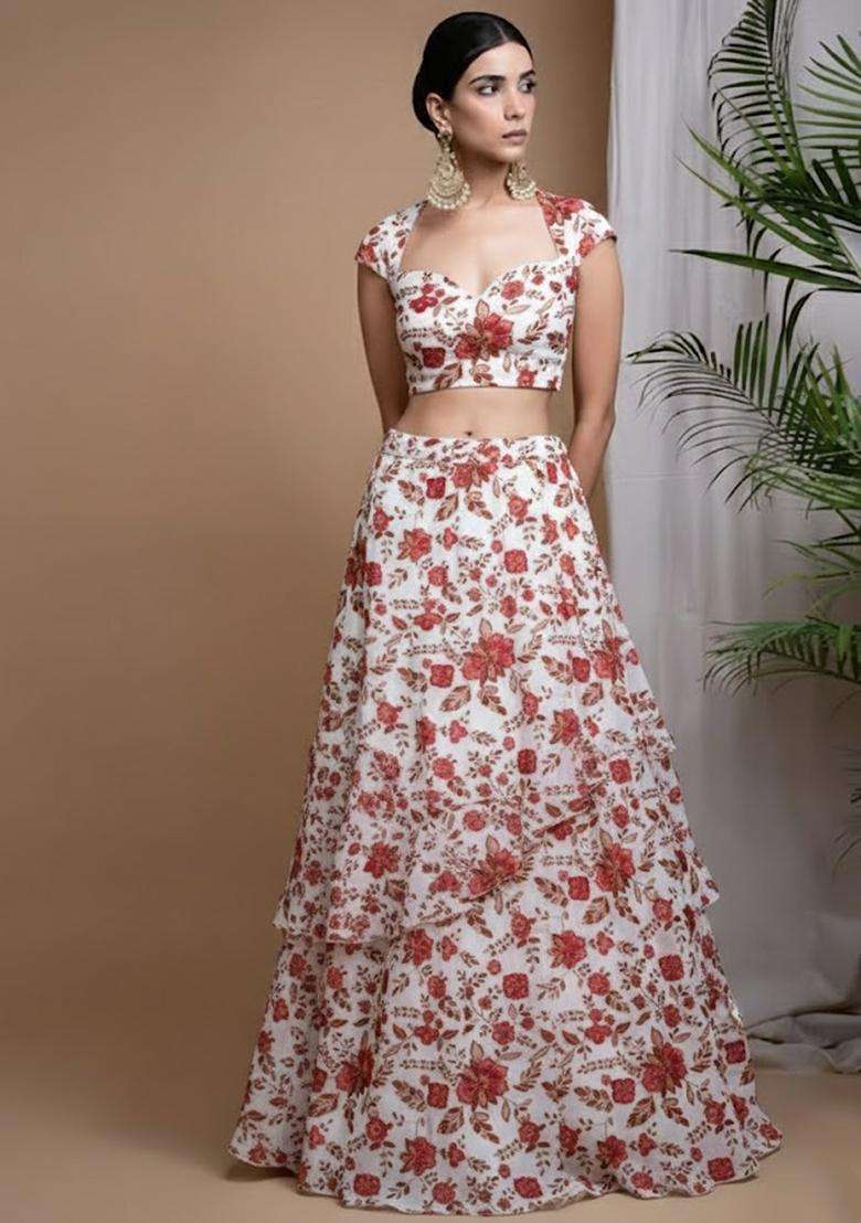 White Printed Crepe Lehenga Set - Indya
