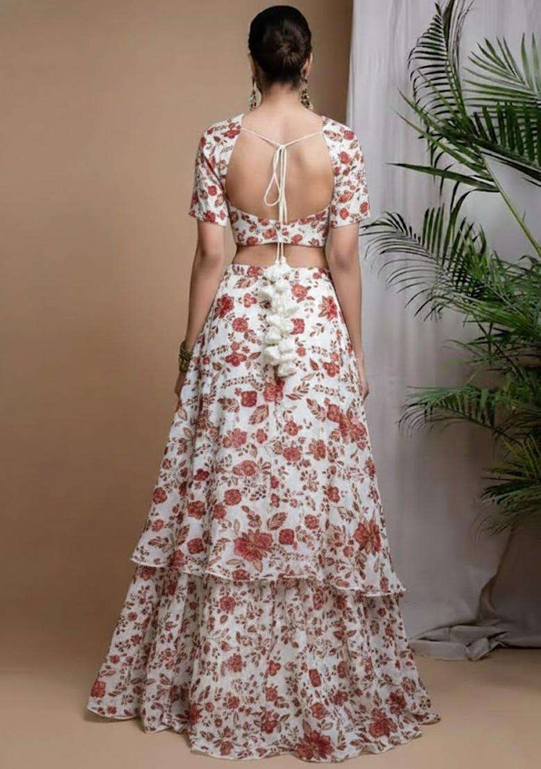White Printed Crepe Lehenga Set - Indya