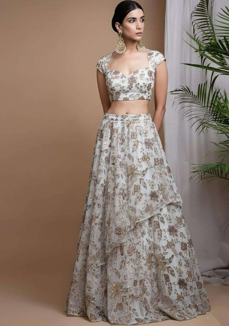 White Printed Crepe Lehenga Set - Indya