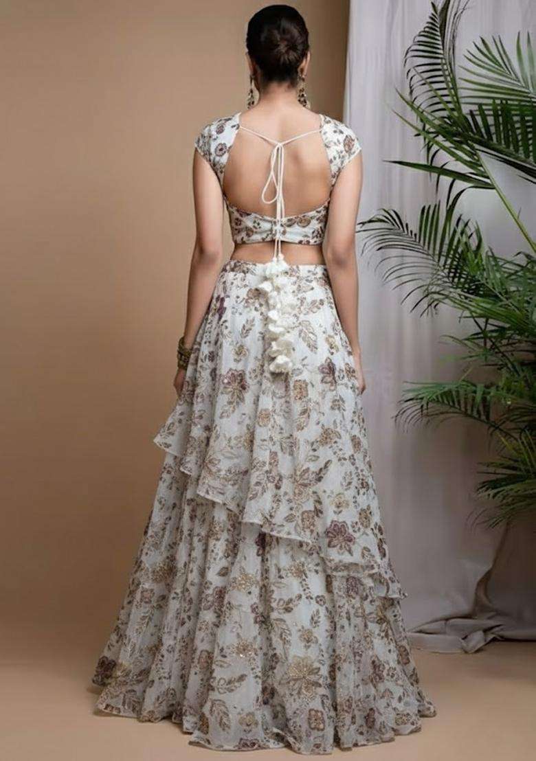 White Printed Crepe Lehenga Set - Indya