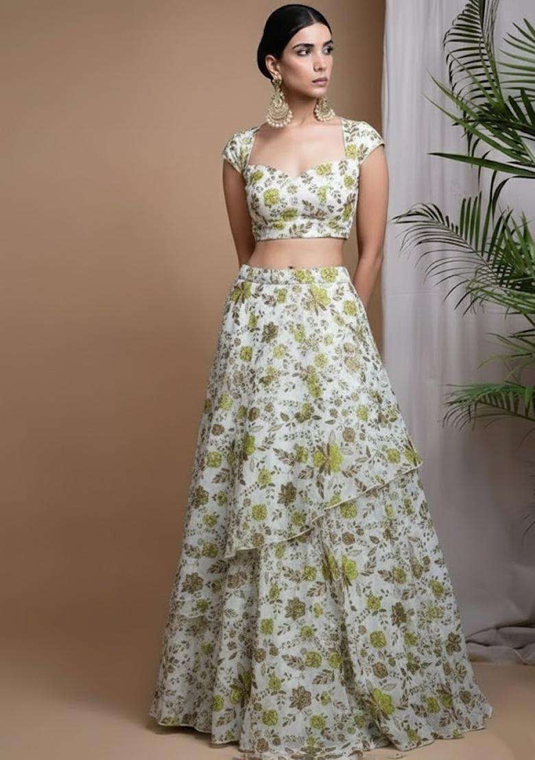 White Printed Crepe Lehenga Set - Indya