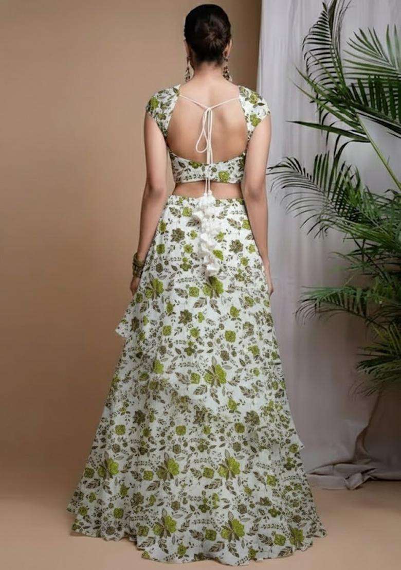 White Printed Crepe Lehenga Set - Indya