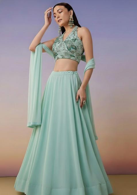 Mint Embroidered Crepe Lehenga Set