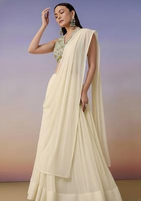 Beige Embroidered Crepe Lehenga Set