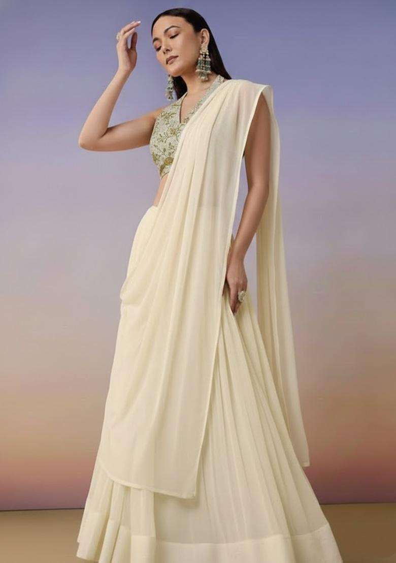 Beige Embroidered Crepe Lehenga Set - Indya