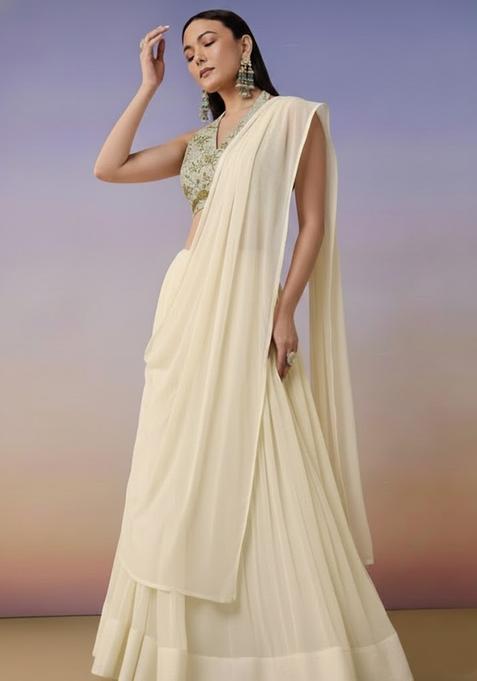 Beige Embroidered Crepe Lehenga Set